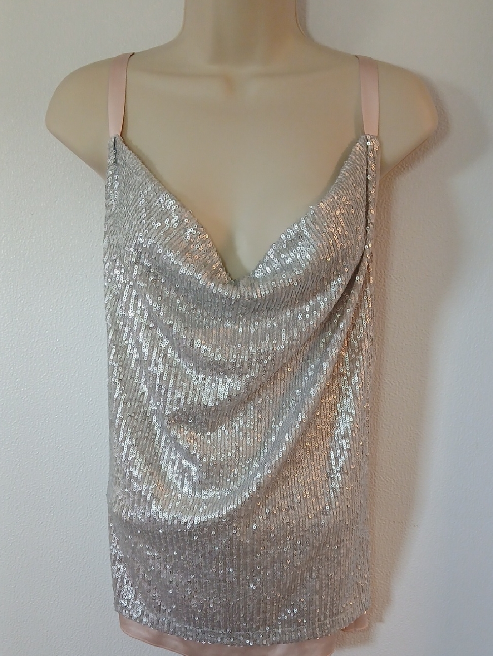 White House Black Market Silver Sequin-Trim Pale Pink Cami